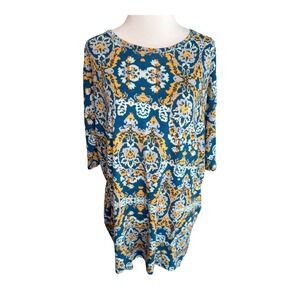 LuLaRoe XXS‎ Teal Blue Gold Floral Print 3/4 Sleeve Casual Tunic Top